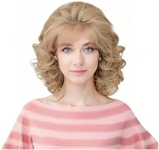 Rugelyss Vintage Short Blonde Beehive Wig with Bangs Curly Wavy Heat Resistant Synthetic Hair Wigs for Women fits 70s 80s Costume or Halloween and Party