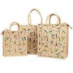 SB Bags Printed Eco-Friendly Jute Bag with Zip Closure | Tote Lunch Bag | Grocery Bag| Multipurpose Bag, Beige(Pack of 3)