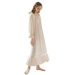 LAPAYA Women's Victorian Nightgown Cotton Lace Trim Vintage Sleepwear Long Sleeve Sleepshirts, Pink, Small