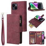 QLTYPRI Case for iPhone 14, Large Capacity Leather Wallet Case 6 Card Holder & 1 Zipper Pocket Kickstand Wrist Strap Magnetic Case for iPhone 14 - Wine Red