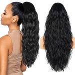 26 Inch Black Ponytail Extension, Long Wavy Hair Extensions, Synthetic Long Hair Pieces for Women, Soft Natural Pony Tails Extensions, Drawstring Ponytail Hair Extension for Daily Use (Color: Black)