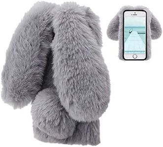 LCHDA Rabbit Funda para iPhone 5/5S,Conejo Piel Conejito Oído Caso para Muchachas Linda Invierno Cálido Suave Peludo Bola Mullida Piel Pelo Felpa Protectora TPU Bumper Funda para iPhone SE-Gris