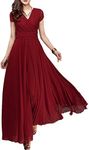 FYMNSI Women's Boho Solid Chiffon V-Neck Cocktail Bridesmaid Evening Party Gown Ball Prom Long Maxi Swing Dress Burgundy L