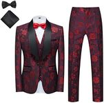 MOGU Mens 3 Piece Tuxedo Slim Fit Jacquard Floral Vintage Groomsmen Wedding Prom Suit, Wine, 42