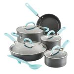 Rachael Ray Create Delicious Hard Anodized Nonstick Cookware Induction Pots and Pans Set, 10 Piece - Gray with Light Blue Handles