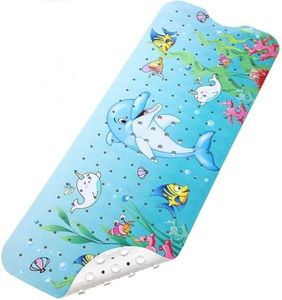 Bathtub Mat Non Slip Anti Mold for Kids, Extra Long 40X16 Inch Cartoon Bath Tub Shower Mat Anti Slip with Drain Holes and Suction Cups Machine Washable, Dolphin