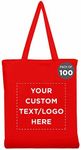 DISCOUNT PROMOS Custom Cotton Canvas Tote Bags Set of 100, Personalized Bulk Pack - Reusable, Great for Shopping, Grocery, Beach, Picnic, Wedding Favors - Red