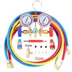 JIFETOR 3 Way AC Manifold Gauge Set, HVAC Diagnostic Freon Charging Tool for Auto Household R12 R22 R404A R134A Refrigerant, Quick Couplers Valve Core Accessories Kit(5FT Hose)