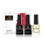 BLUESKY Gel Shiny Finish Nail Polish Set, Top Coat And Base Coat With Cuticle Oil. 3 X 5Ml. Top And Base (Requires Curing Under Uv/Led Lamp)