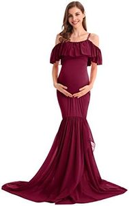 HIHCBF Women Mermaid Chiffon Maternity Gown Off Shoulder Ruffle Spaghetti Straps Photo Shoot Wedding Baby Shower Dress, Burgundy, Medium