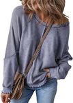 SHEWIN Womens Sweatshirt Casual Long Sleeve Crewneck Loose Comfy Pullover Tops Lightweight Fall Outfits for Women 2024 Blue Small