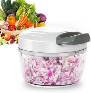 Manual Food Processor Vegetable Chopper 2.3 Cup Small Mini Hand Pull String Onion Chopper Garlic Mincer Cutter with 3 Stainless Steel Blades - White