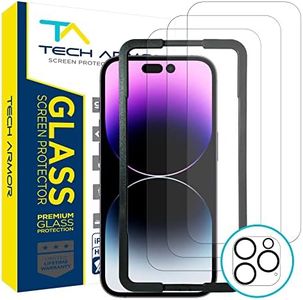 Tech Armor 3 Pack Screen Protector for iPhone 14 Pro Max[6.7 inch] + 1 Pack Camera Lens Protector,Sensor Protection,Dynamic Island Compatible,Case Friendly Ballistic Tempered Glass,[9H Hardness] - HD