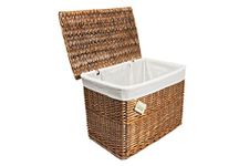 woodluv Lrg Brown Wicker Storage Basket Trunk Chest Hamper Lidded W/White Lining