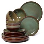 Stoneware Dinnerware Set for 4, POKINI 12 PCS Reactive Glaze Plates and Bowls Set, Handmade Ceramic Dishes Set, Highly Chip and Crack Resistant Modern Plate Sets, Brown Green