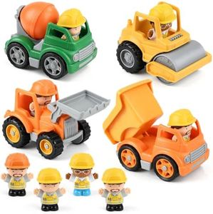 PLAY Recyclable 4 Pcs Construction Truck Toys with 4 Figures for Kids Ages 2 3 4 5 – Dump Truck Vehicle Toy Set, Non-Toxic Toy Car Gift for Toddler Boys and Girls