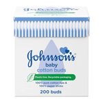 Johnson's Baby Cotton Buds (1 x Pack of 200) Soft & Gentle Ear Cotton Buds for Delicate Skin, Made of 100% Pure Cotton and Paper Sticks, Plastic-Free Cotton Buds to Clean Delicate Areas, around Eyes and Outer Ear