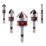 AOKLIT 5PCS Countersink Drill Bit Set, 82 Degree 5 Flute HSS Countersink Bit with 1/4'' Quick Change Hex Shank, 1/4'' 3/8'' 1/2'' 5/8'' 3/4'' Counter Sink Bit for Metal, Wood, Plywood, Plastic