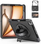 Junfire Protective Case for iPad Air 6th Generation M2 13-inch 2024, Shockproof Rugged iPad A2898 A2899 A2900 Case, iPad Air13 Case with Kickstand/Hand Strap/Shoulder Strap/Stylus Holder-Black