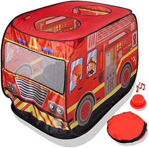 Playbees Musical Fire Truck Pop Up Play Tent with 3 Openings - Role Play Firefighter Tent - Sirens & Fireman Sounds - Indoor Outdoor - Red Fire Engine Playhouse Vehicle Toys - Ideal Play, Gift, Prop