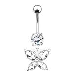 Butterfly Belly Button Rings for Women Dangle Crystal Silver Stainless Steel Sexy Cute Dainty Simple Animals Butterfly Belly Button Rings Hypoallergenic Jewelry for Sisters Mother, metal,