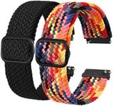 BISONSTRAP 2 Pack Braided Nylon Watch Bands, Upgrade Adjustable Buckle, Stretchy Loop Straps for Men and Women, 22mm, Black+Rainbow