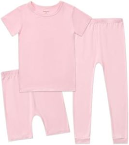 Aablexema Kids Pajamas Set Rayon, 3Pcs Unisex Toddler Short Shirt and Pants Set Snug Fit Sleepwear Pjs(Pink,90/12-24m)