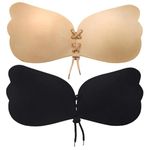 LETURE Invisible Strapless Backless Adhesive Bra Silicone Gel Stick-On Sticky Bra for Women S Invisible Push Up Design (Black & Beige) B Size (Pack of 1)