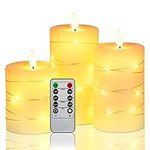 Flameless Candles, with Embedded String Lights, Da by 3-Piece LED Candles, with 10-Key Remote Control, 24-Hour Timer Function, Dancing Flame, Real Wax, Battery-Powered(Batteries not Included).