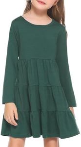 Arshiner Girls Long Sleeve Dress Fall Cotton Crewneck Tiered Ruffle Swing Solid Casual Midi Dresses Dark Green 5T