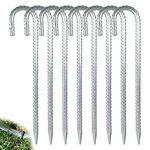 YAYODS 8PCS 16 Inch Ground Stakes, Galvanized Rebar Tent Stakes J Hook, Heavy Duty J Hook Ground Anchors for Tents, Trampoline and Fences