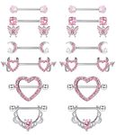 CASSIECA 6 Pairs 14G Nipple Bars Nipple Bar Surgical Steel Nipple Piercing Jewellery Pink Heart Nipple Bar 16MM Tongue Bars Butterfly Dangly Barbells Silver Body Piercing