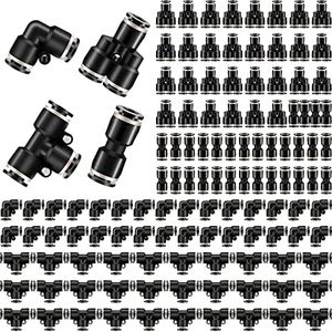 Hotop Push to Connect Fittings Air Line Pneumatic Fittings Kit 60 Pieces Quick Release Pneumatic Connectors 15 Splitters 15 Elbows 15 Tee 15 Straight Tubes (Black,1/4 Inch Od)