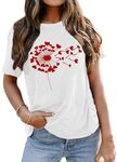 Fawniss Valentine's Day Shirt Womens Dandelion Graphic T-Shirt Love Heart Printed Shirts （White,Medium）