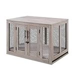 unipaws Wooden Dog Crate with Bed and Tray, Furniture Style Dog Crate, Medium Dog Kennels with Double Doors, End Table Dog House, Weathered Grey