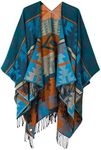 Urban CoCo Women's Printed Tassel Open front Poncho Cape Cardigan Wrap Shawl (Series 4-Blue)