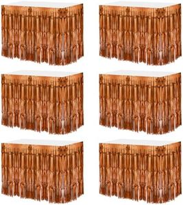 MECCANIXITY 6 Pcs 29x108 Inch Bronze Metallic Foil Fringe Tinsel Table Skirts for Rectangle Tables Tinsel Backdrop Curtain for Wedding Birthday Party Decoration