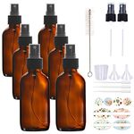 6 Pack, HWASHIN 4 oz Amber Glass Spray Bottles with Black Fine Mist Sprayers for Essential Oils, Cleaning Products & Aromatherapy (Brush, Funnels, Droppers, Labels & 30ml Measuring Cup Included)