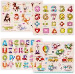 Wooden puzzles for toddlers Alphabet & Number Puzzles Wooden Peg Jigsaw Puzzle Boards 4 Pcs Toddler Puzzles Set for Girls and Boys