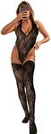 comeondear Bodysuit for Women Plus Size Lingerie Set Sexy Sleeveless Deep V-Neck Teddy Babydoll with Stocking Mesh Fishnet Nightwear with High Tight Stockings Black UK 12-14