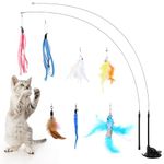 Pawaboo Cat Feather Toys, Interactive Cat Wand Toy with 2-Slot Super Suction Cup, Detachable 2 PCS Spring Cat Wand & 7 PCS Cat Teaser Replacement with Bells, Funny Kitty Toys for Indoor Kittens Play