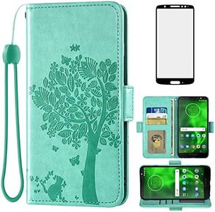 Asuwish Compatible with Moto G6 Wallet Case and Tempered Glass Screen Protector Flip Wrist Strap Card Holder Cell Phone Cover for Motorola MotoG6 G 6th Gen 6 6G XT1925DL XT1925-6 Moto6 Women Men Green