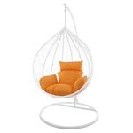 KLODOR Single Seater Swing Chair with Stand & Cushion Outdoor Indoor Balcony Garden Patio,Powder Coated Frame,UV Protected Wicker,Premium Cushion (White with Orange Cushion)