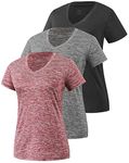 Star Vibe 3 Pack Women's Short Sleeve Dry Fit T-Shirts Moisture Wicking Athletic V-Neck Gym Tee Exercise Yoga Tops Black/Gray/Wine XL