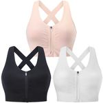 Evercute Zip Front Post-Surgery Bra Women's Wireless Sports Bras Padded Strappy Medium Support Yoga Exercise Athletic Bras, Black White Flesh 3 Pack, Large