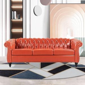 Vaztrlus Modern Orange Chesterfield Sofa for Living Room，Comfy Deep-Seated 3-Seater Faux Leather Sofa for Bedroom, Office, or Apartment. Classic Sofa, Tool-Free Assembly