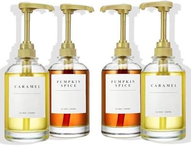 HSIOHE Coffee Syrup Dispenser for Coffee Bar, Coffee Syrup Pump Dispenser, Glass Syrup Bottle with 1/4oz Large Capacity Pump, 4 Pack 16.9 oz 500 ml Syrup Dispensers 28 Labels, Golden