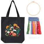 MAMUNU Canvas Tote Bag Embroidery Kit with Pattern for Beginners, Arts and DIY Crafts Kits for Adults, Include Instructions Embroidery Bag, Embroidery Hoops, Color Threads and Tool (Black)