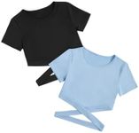 Milumia Girl's 2 Piece Cut Out Crisscross Tee Crop Tops Short Sleeve Round Neck T Shirts Blue and Black