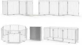 No Pawblems Free Standing Dog Gate with Door, 30'' Tall Foldable Dog Fence for Indoor & Outdoor, Up to 208 Inch Extra Wide Pet Gate for Yard, Deck, Doorways, Stairs, Hallways (White, 8 Panels)